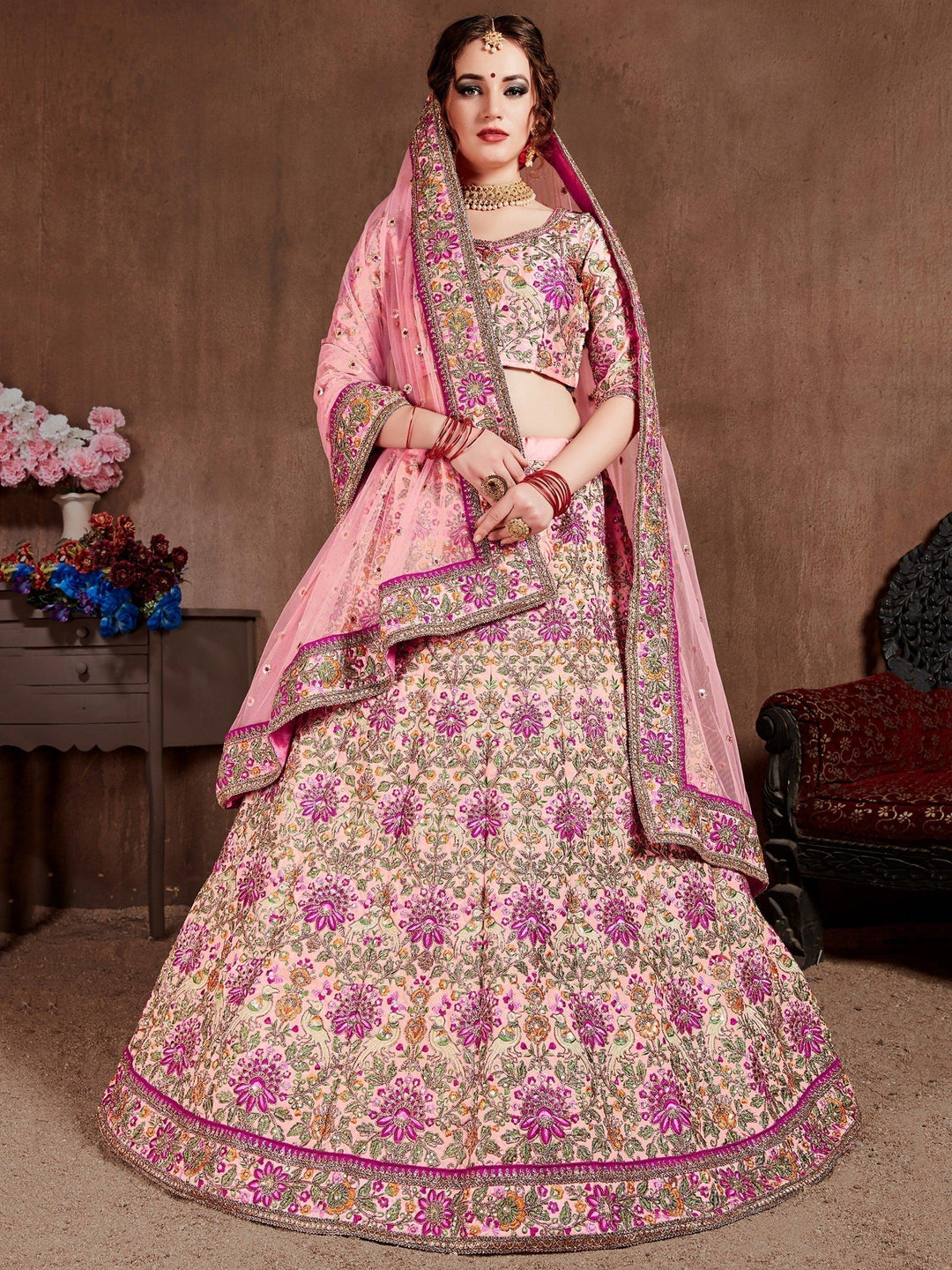 Stunning Peach Bridal Lehenga | Art Silk Choli with Embroidered Dupatta