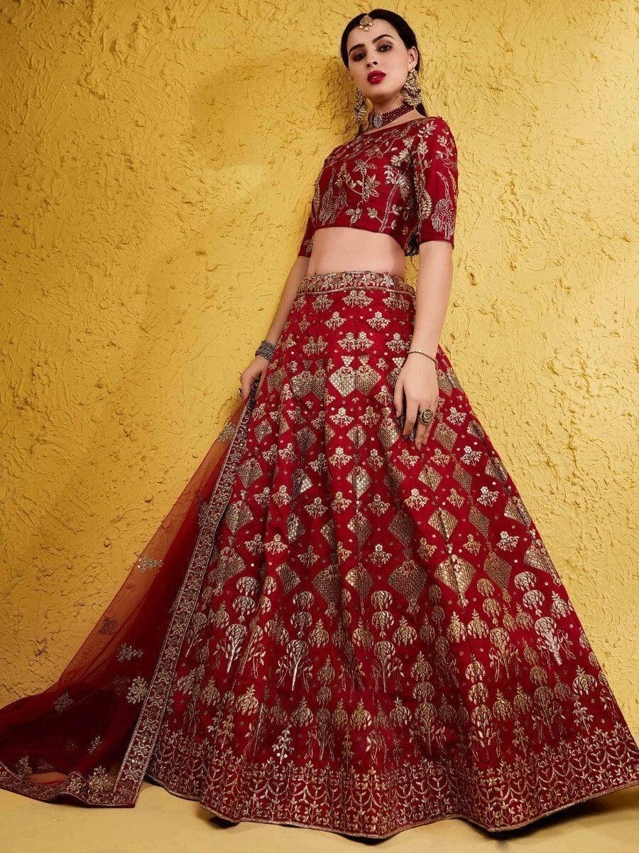 Gorgeous Red Silk Lehenga Choli | Elegant Sequin Work & Thread Embroidery