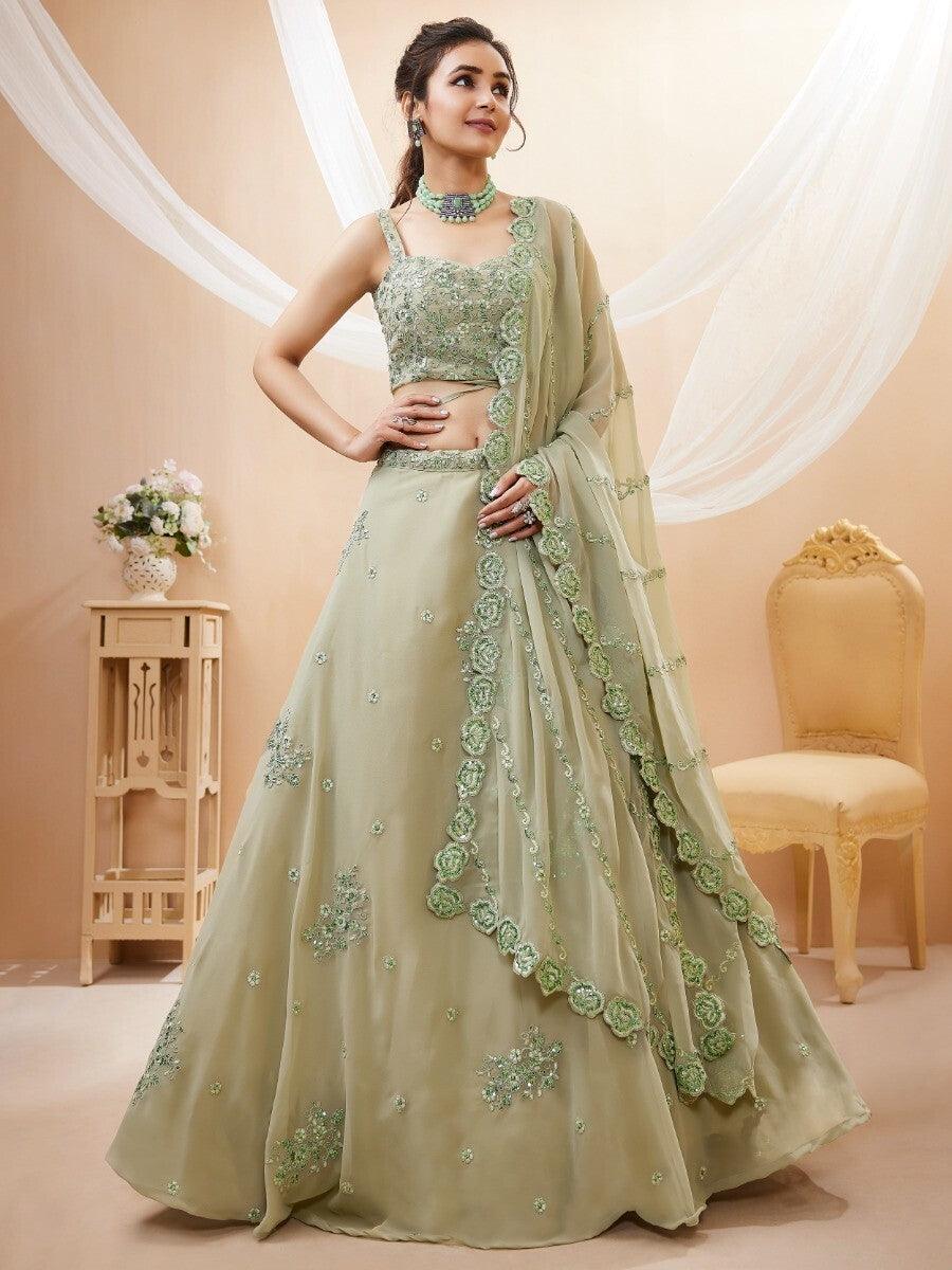 Pista Green Lehenga Choli | Sangeet Wear with Dupatta & Dori Work