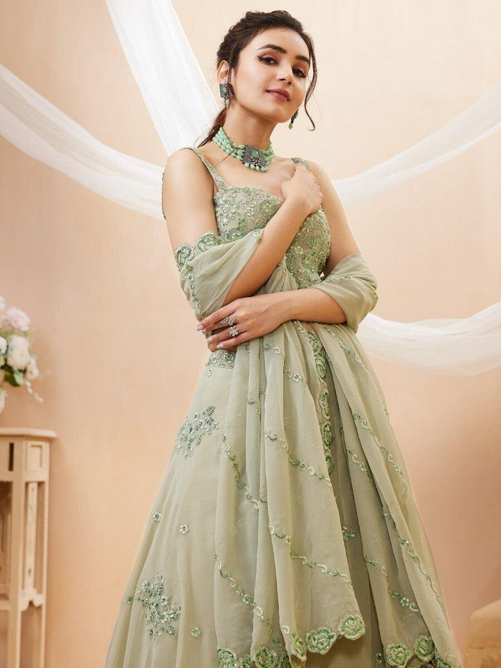 Pista Green Lehenga Choli | Sangeet Wear with Dupatta & Dori Work