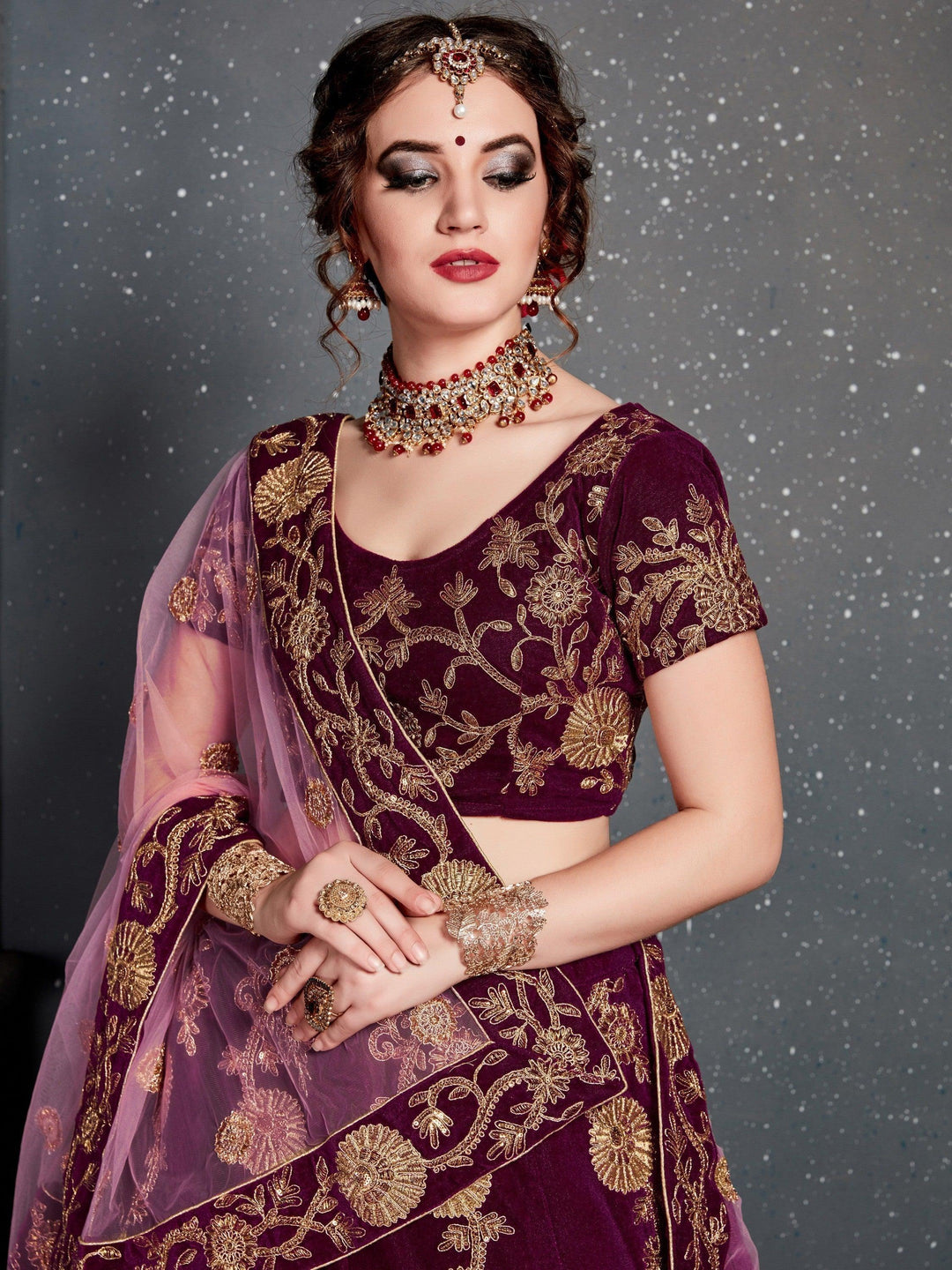 Royal Purple Velvet Lehenga Choli | Bridal Wear with Embroidery & Sequins