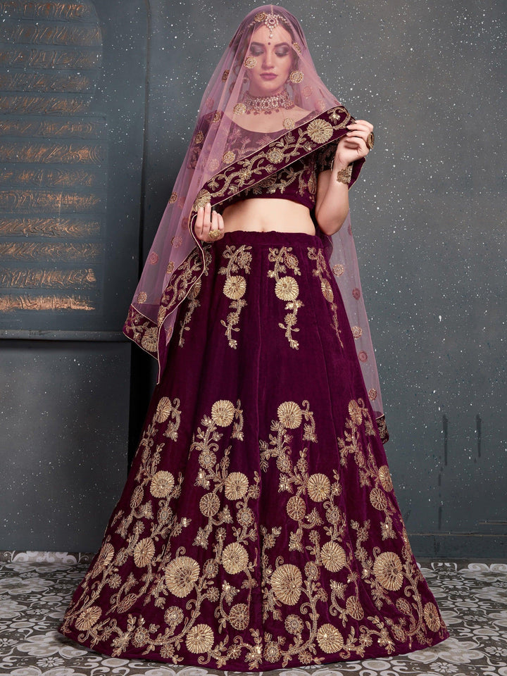 Royal Purple Velvet Lehenga Choli | Bridal Wear with Embroidery & Sequins