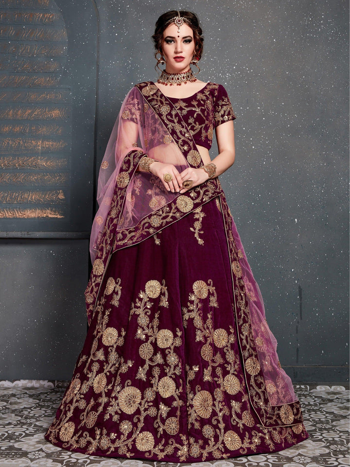 Royal Purple Velvet Lehenga Choli | Bridal Wear with Embroidery & Sequins