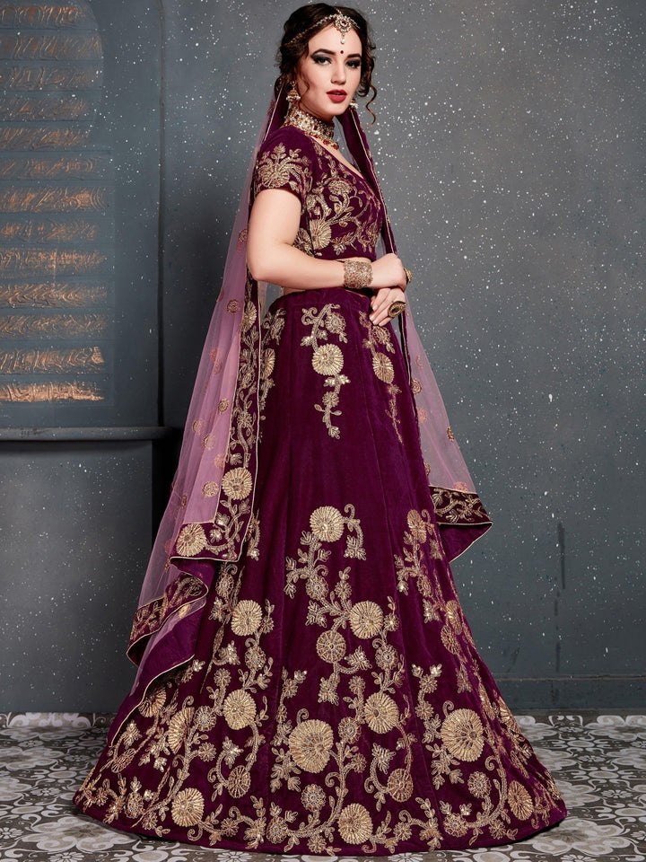 Royal Purple Velvet Lehenga Choli | Bridal Wear with Embroidery & Sequins