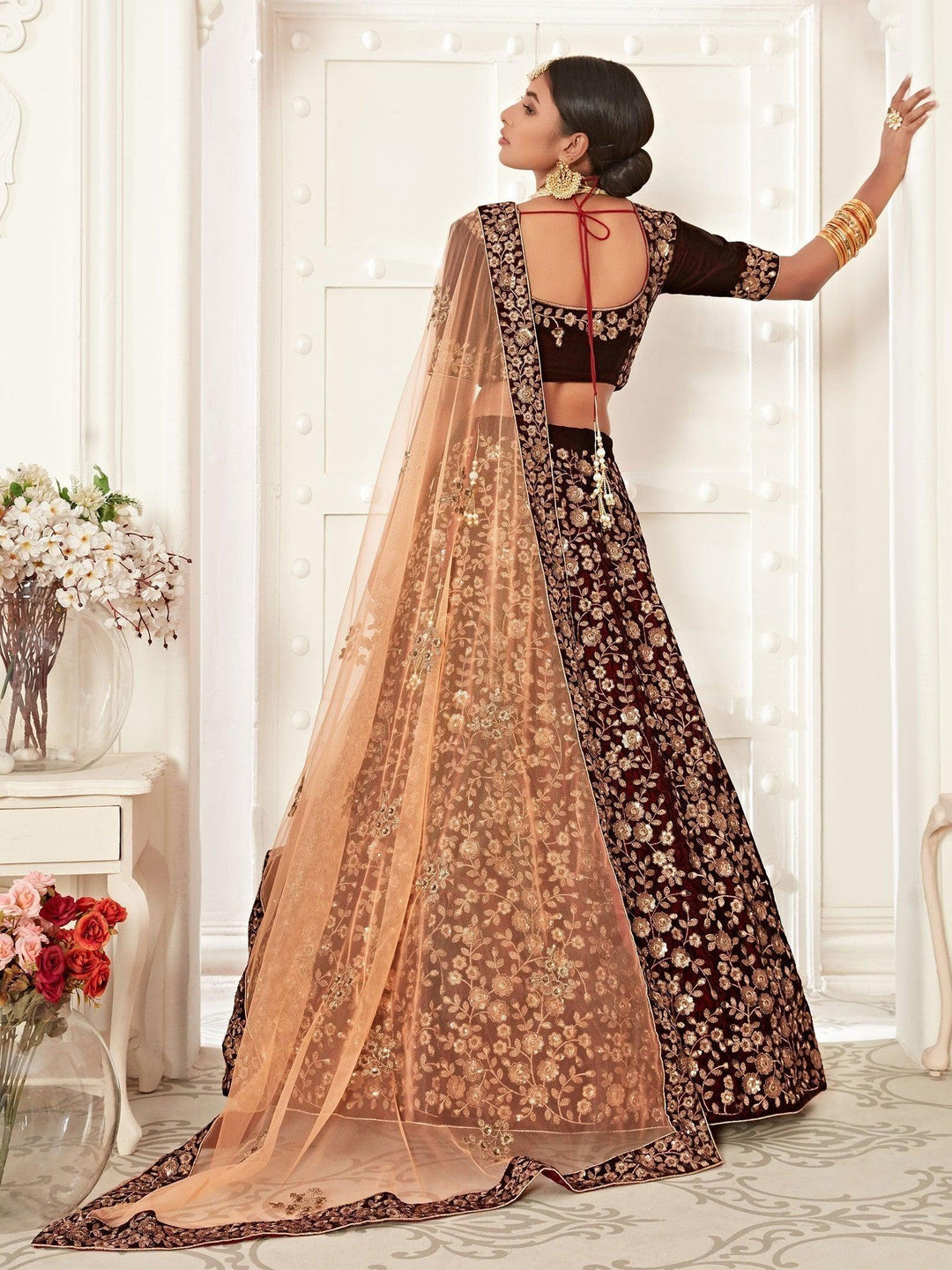 Maroon Velvet Bridal Lehenga | Intricate Embroidery & Sequin Work