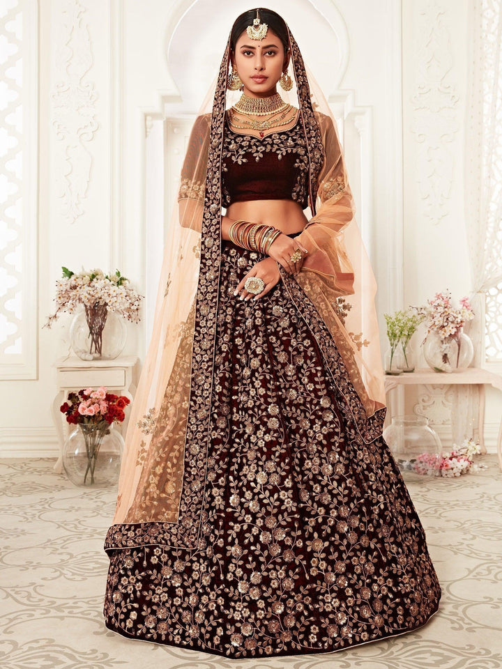 Maroon Velvet Bridal Lehenga | Intricate Embroidery & Sequin Work