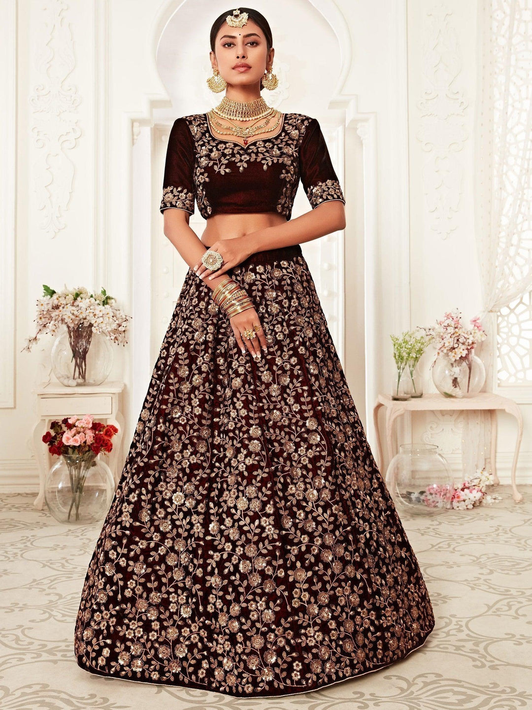 Maroon Velvet Bridal Lehenga | Intricate Embroidery & Sequin Work