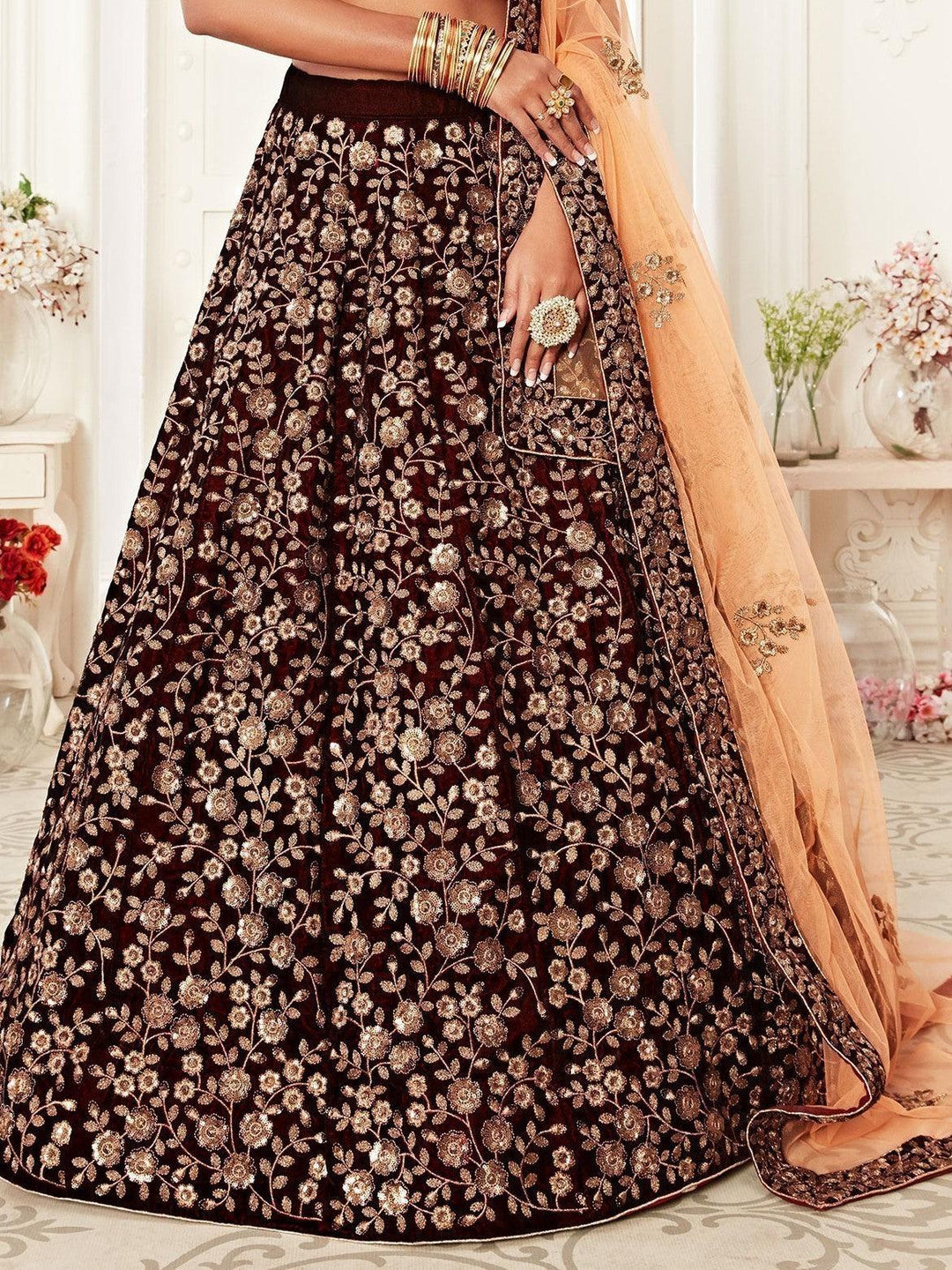 Maroon Velvet Bridal Lehenga | Intricate Embroidery & Sequin Work