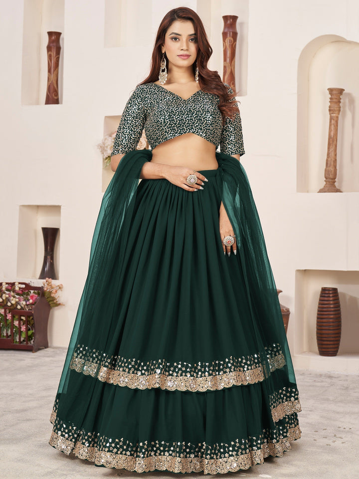 Green Sequins Lehenga Choli | Luxury Georgette Wedding Outfit with Dupatta