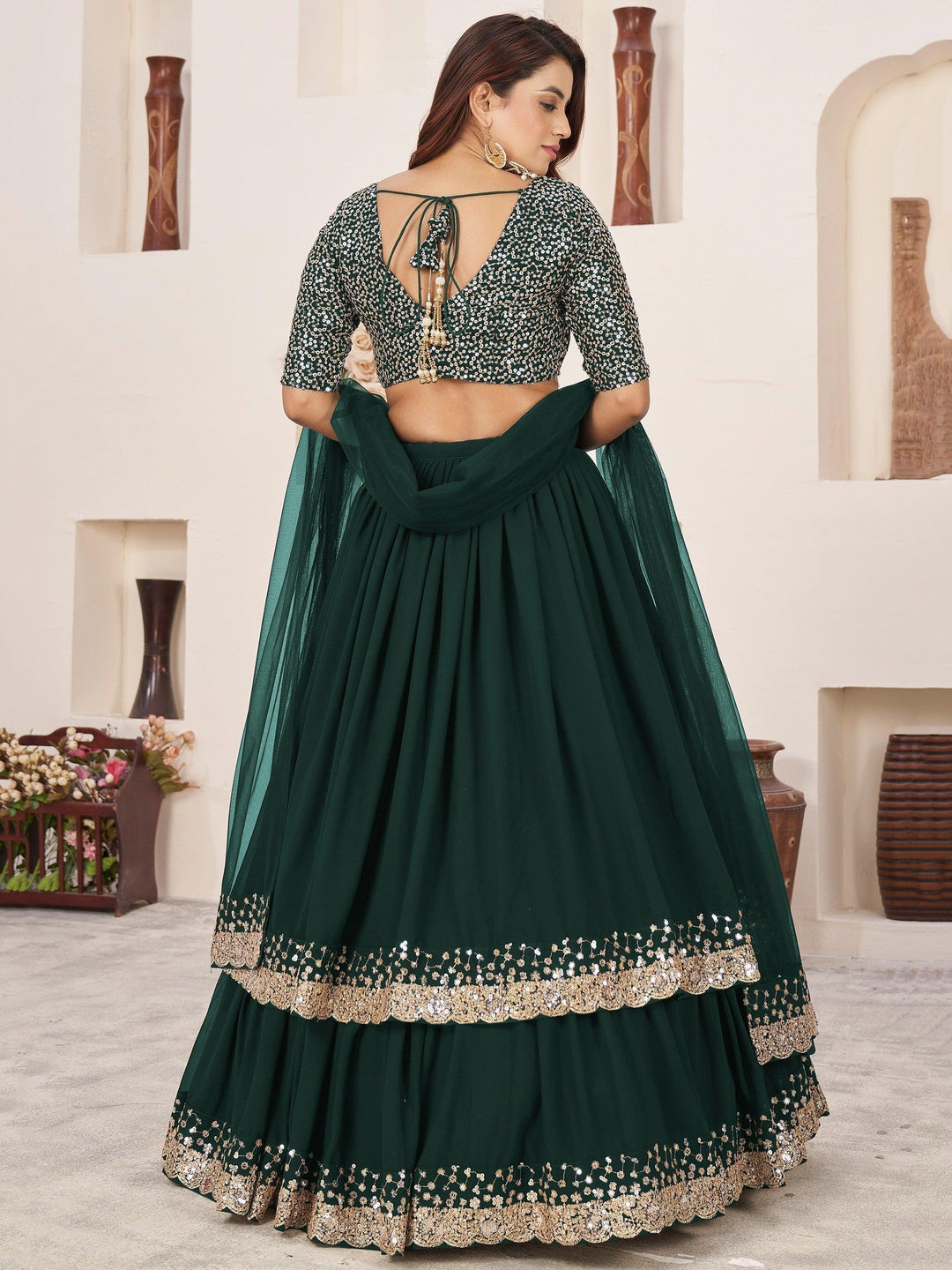 Green Sequins Lehenga Choli | Luxury Georgette Wedding Outfit with Dupatta