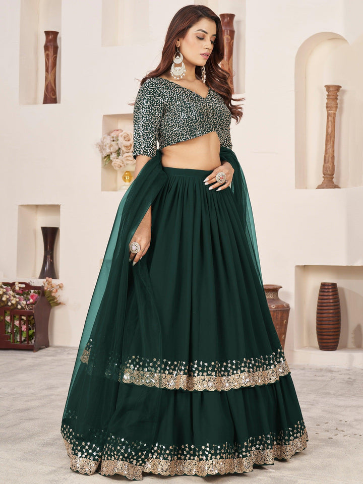 Green Sequins Lehenga Choli | Luxury Georgette Wedding Outfit with Dupatta