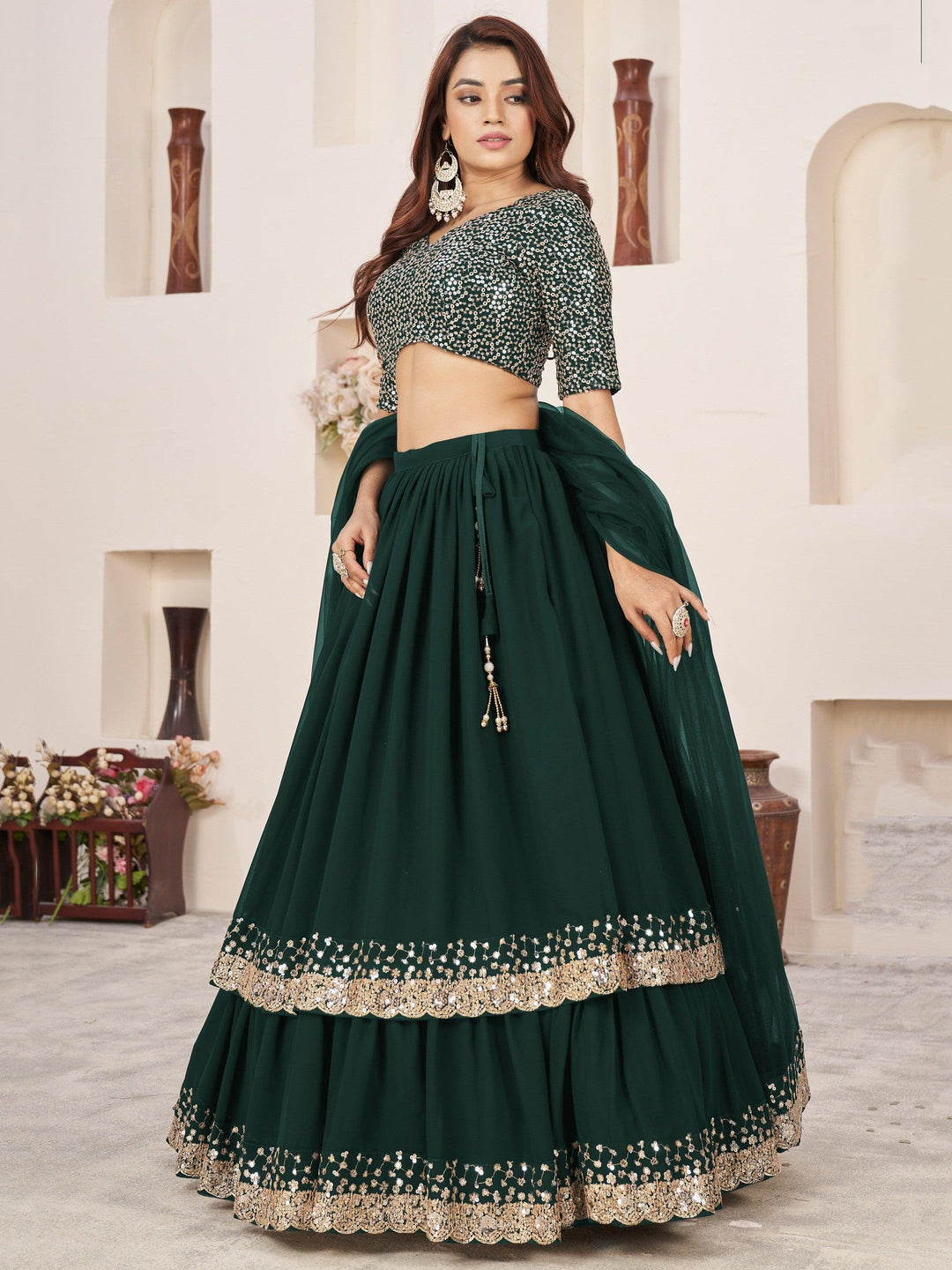 Green Sequins Lehenga Choli | Luxury Georgette Wedding Outfit with Dupatta