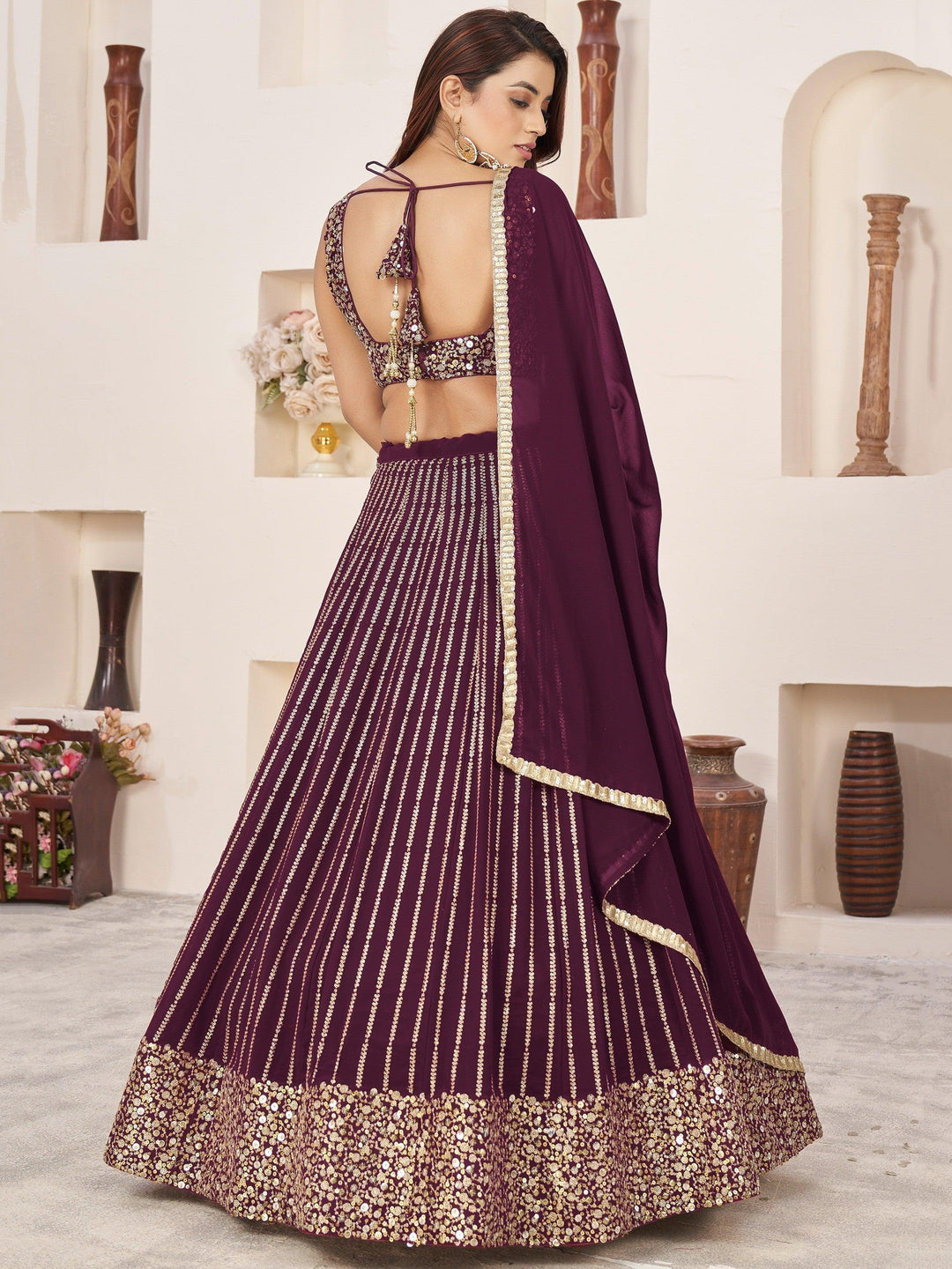 Wine Color Georgette Lehenga Choli | Sequins Work for Reception