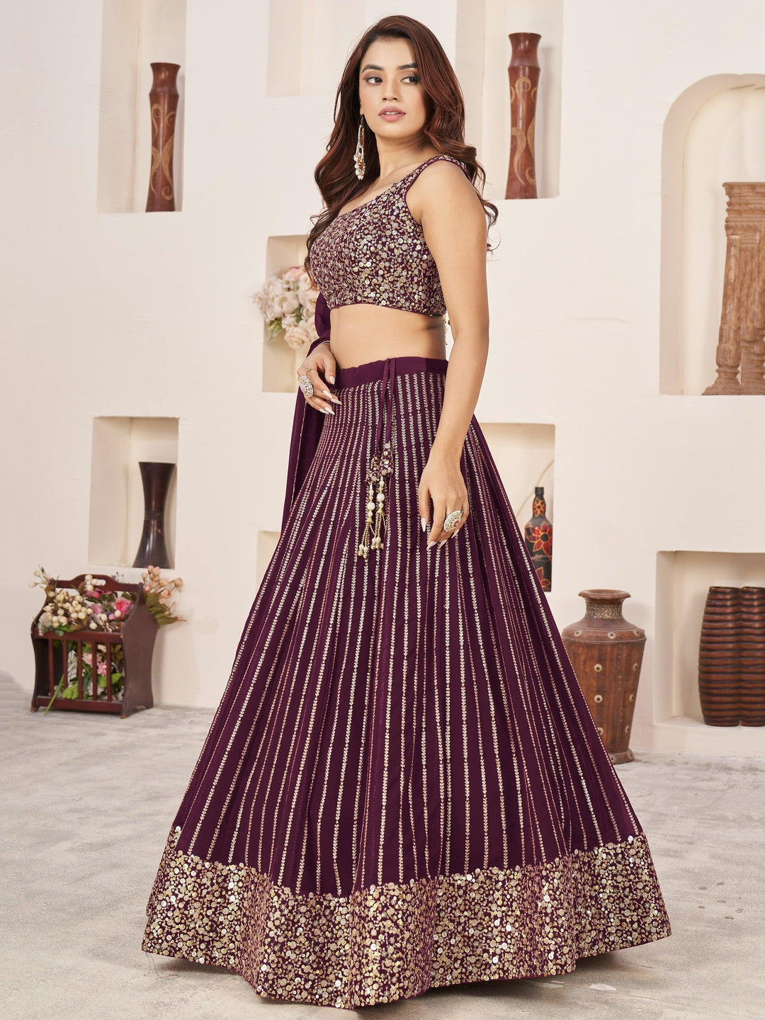 Wine Color Georgette Lehenga Choli | Sequins Work for Reception