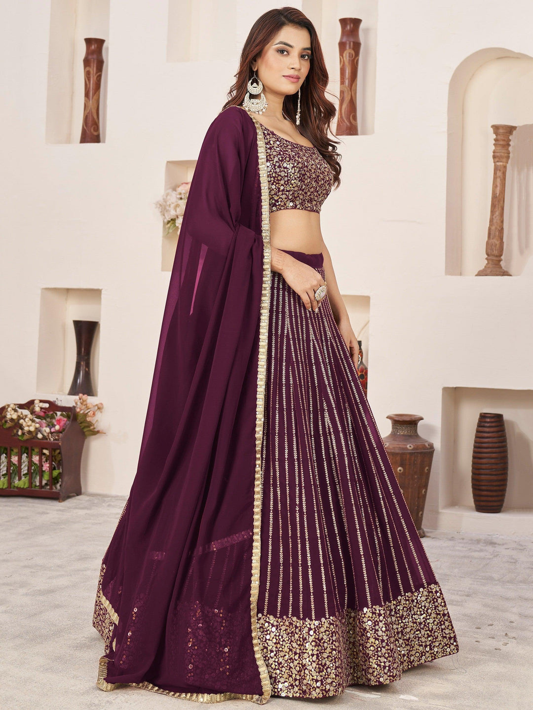 Wine Color Georgette Lehenga Choli | Sequins Work for Reception