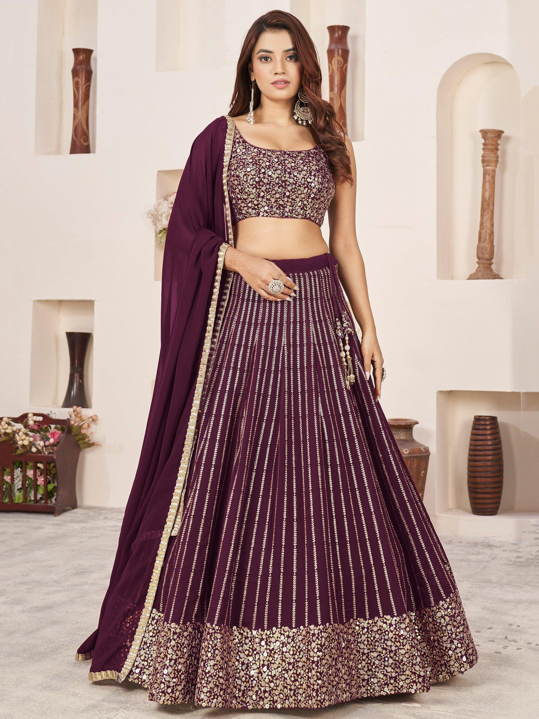 Wine Color Georgette Lehenga Choli | Sequins Work for Reception