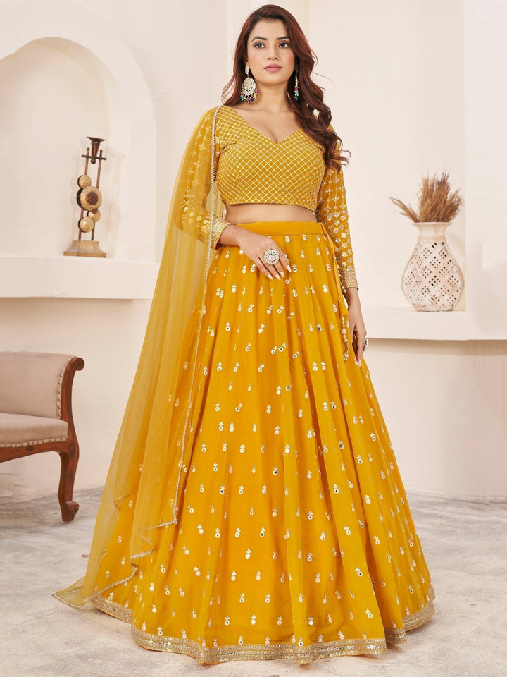 Beauteous Yellow Lehenga Choli | Georgette with Threadwork and Sequin