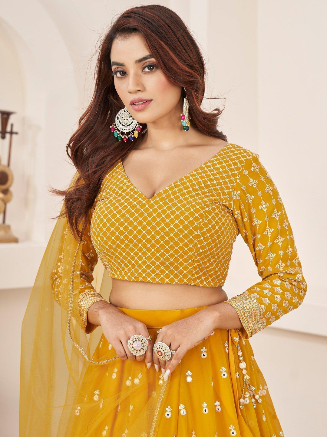 Beauteous Yellow Lehenga Choli | Georgette with Threadwork and Sequin