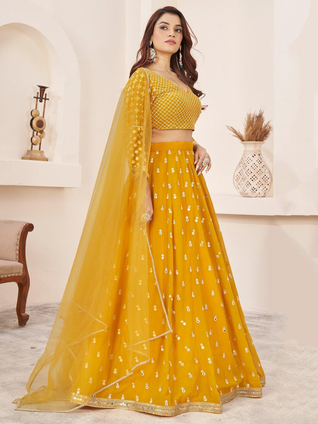 Beauteous Yellow Lehenga Choli | Georgette with Threadwork and Sequin