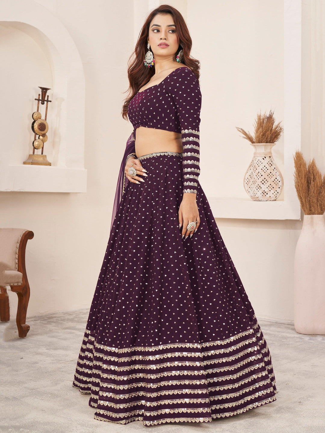 Fancified Purple Sequins Georgette | Reception Wear Lehenga Choli