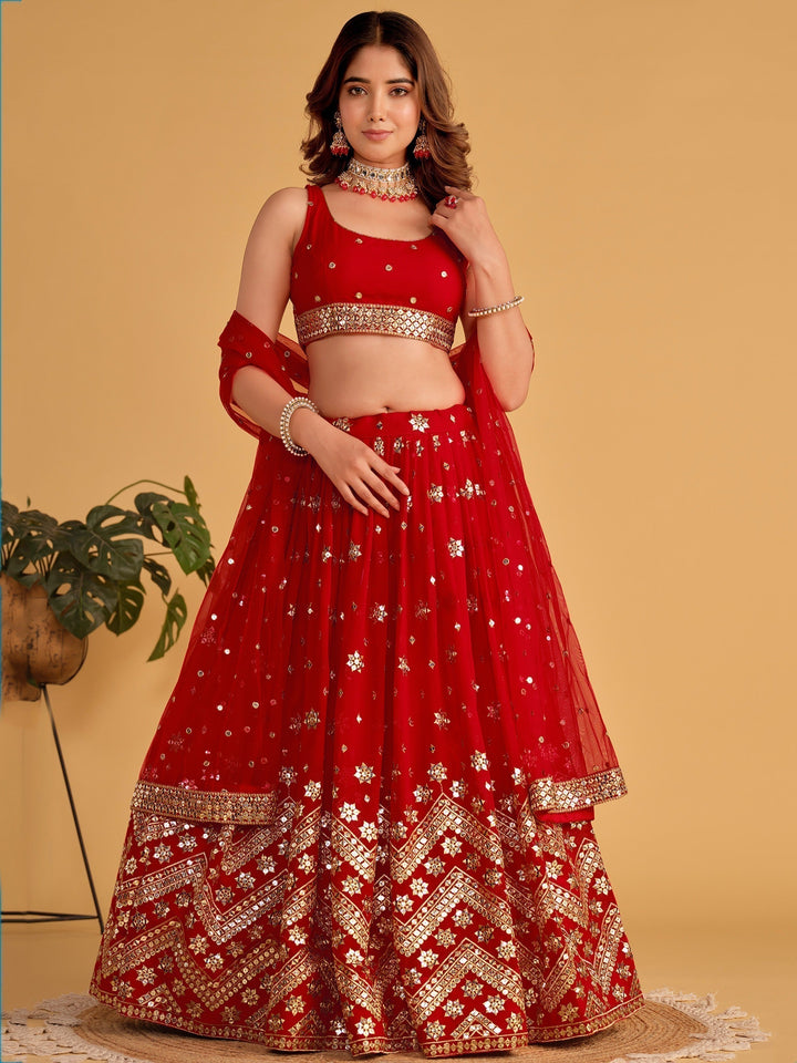 Vibrant Red Lehenga Choli | Georgette with Sequins & Lace Work Dupatta