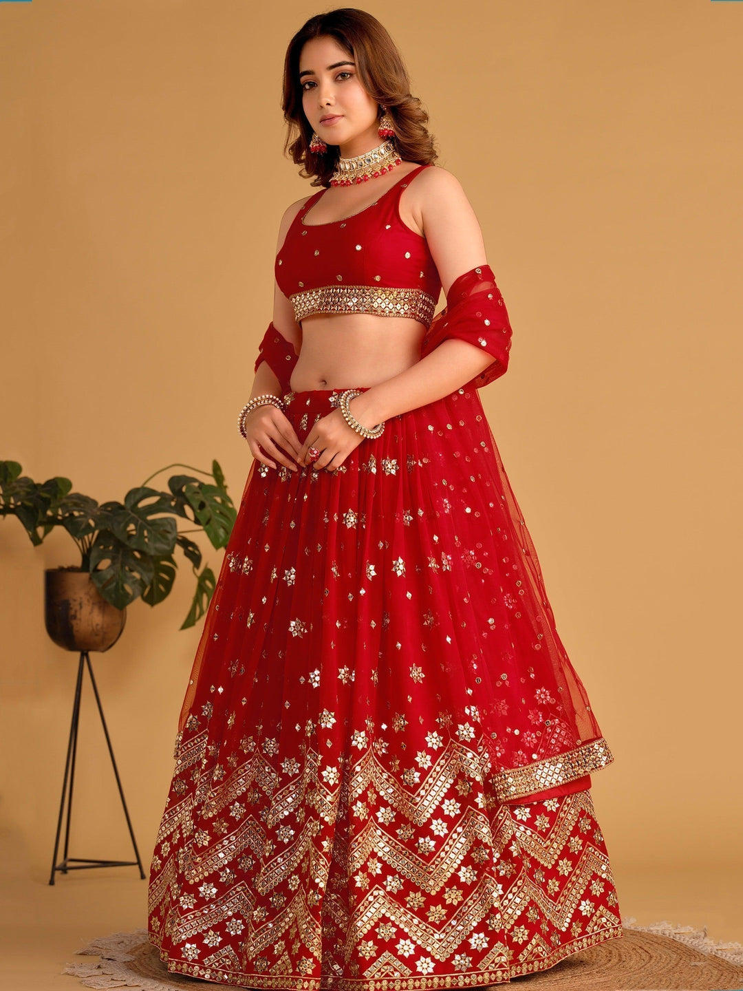 Vibrant Red Lehenga Choli | Georgette with Sequins & Lace Work Dupatta