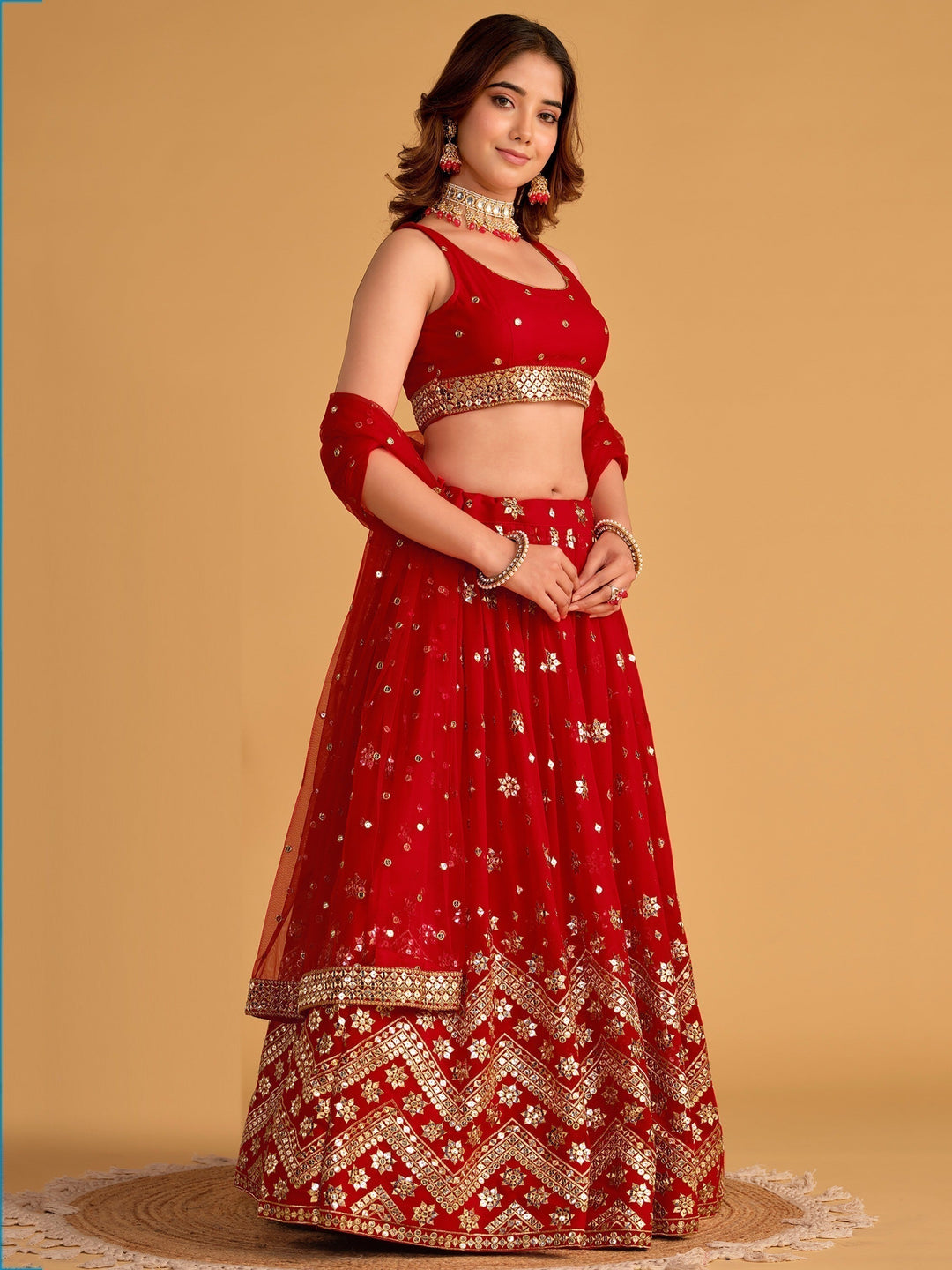 Vibrant Red Lehenga Choli | Georgette with Sequins & Lace Work Dupatta