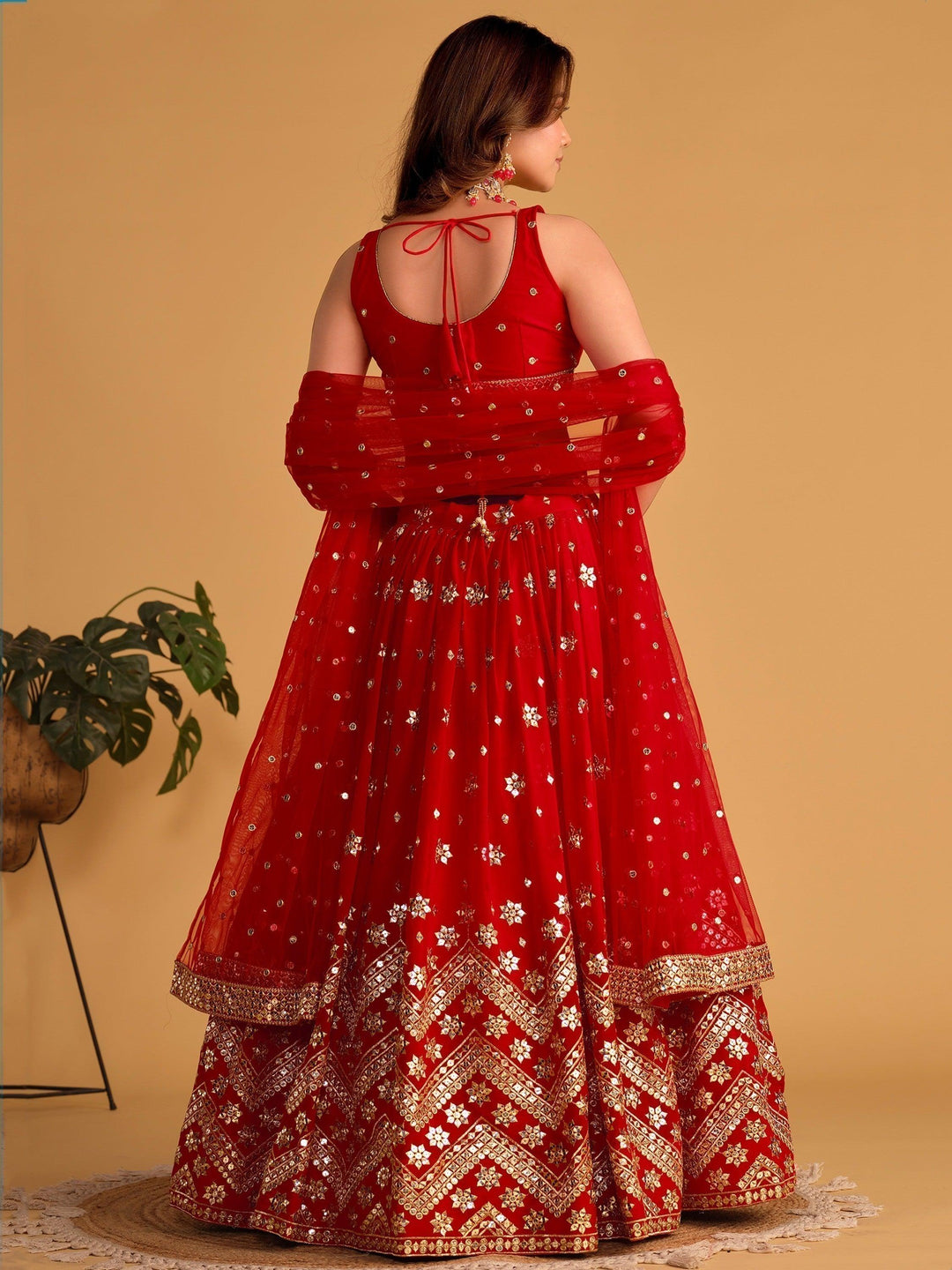 Vibrant Red Lehenga Choli | Georgette with Sequins & Lace Work Dupatta