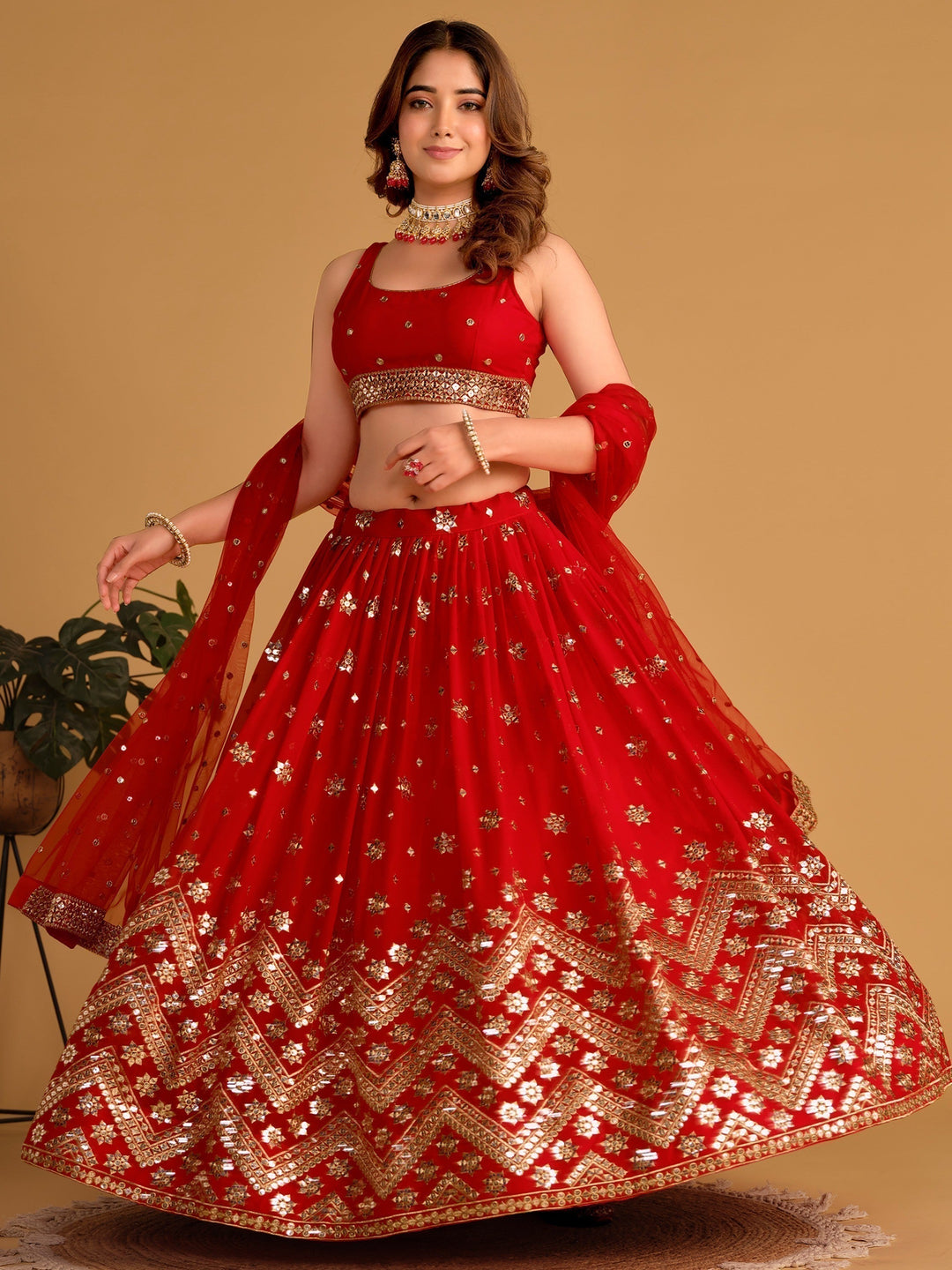 Vibrant Red Lehenga Choli | Georgette with Sequins & Lace Work Dupatta