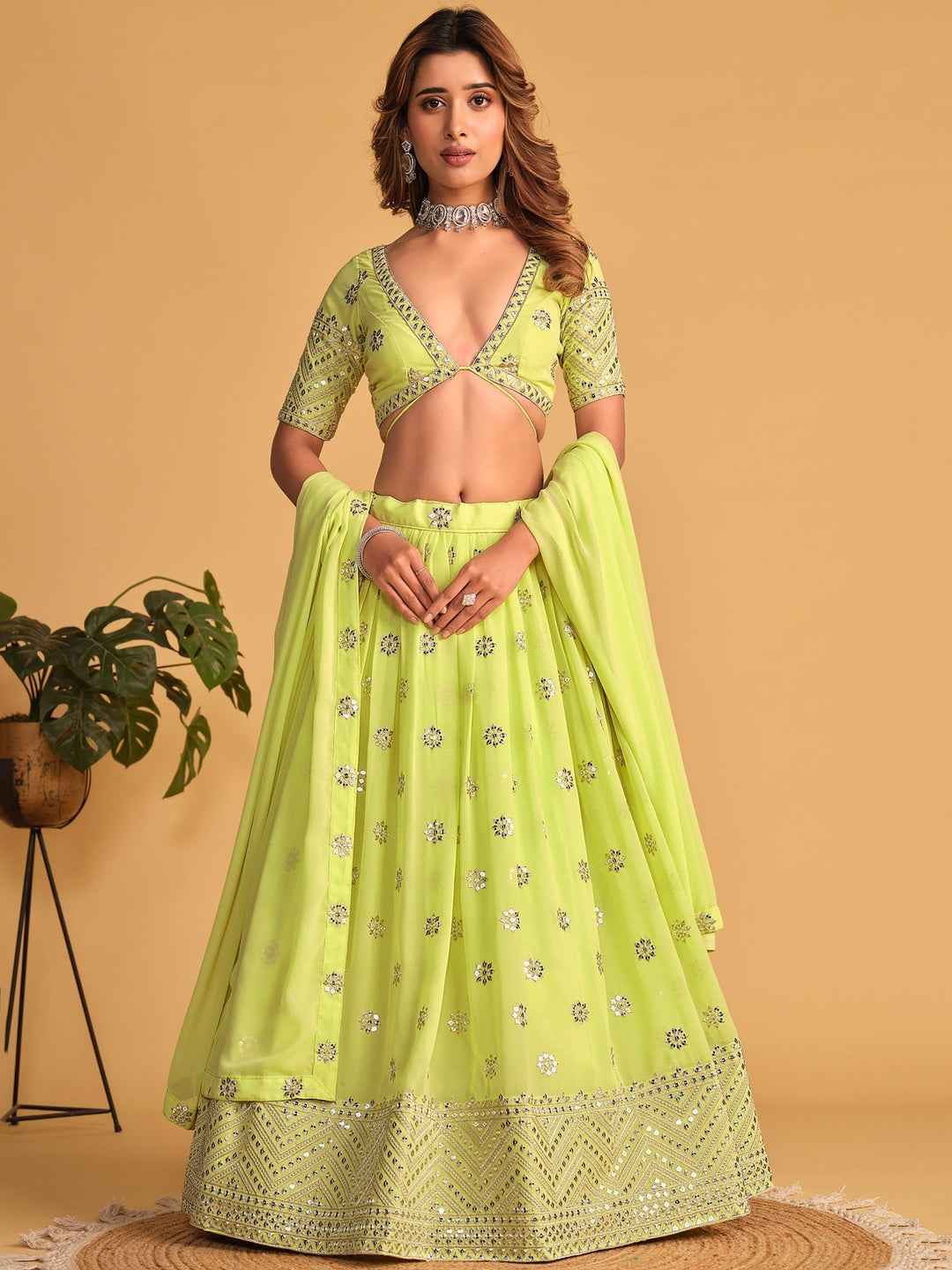 Ravishing Lime Green Lehenga | Georgette with Sequin & Lace Dupatta