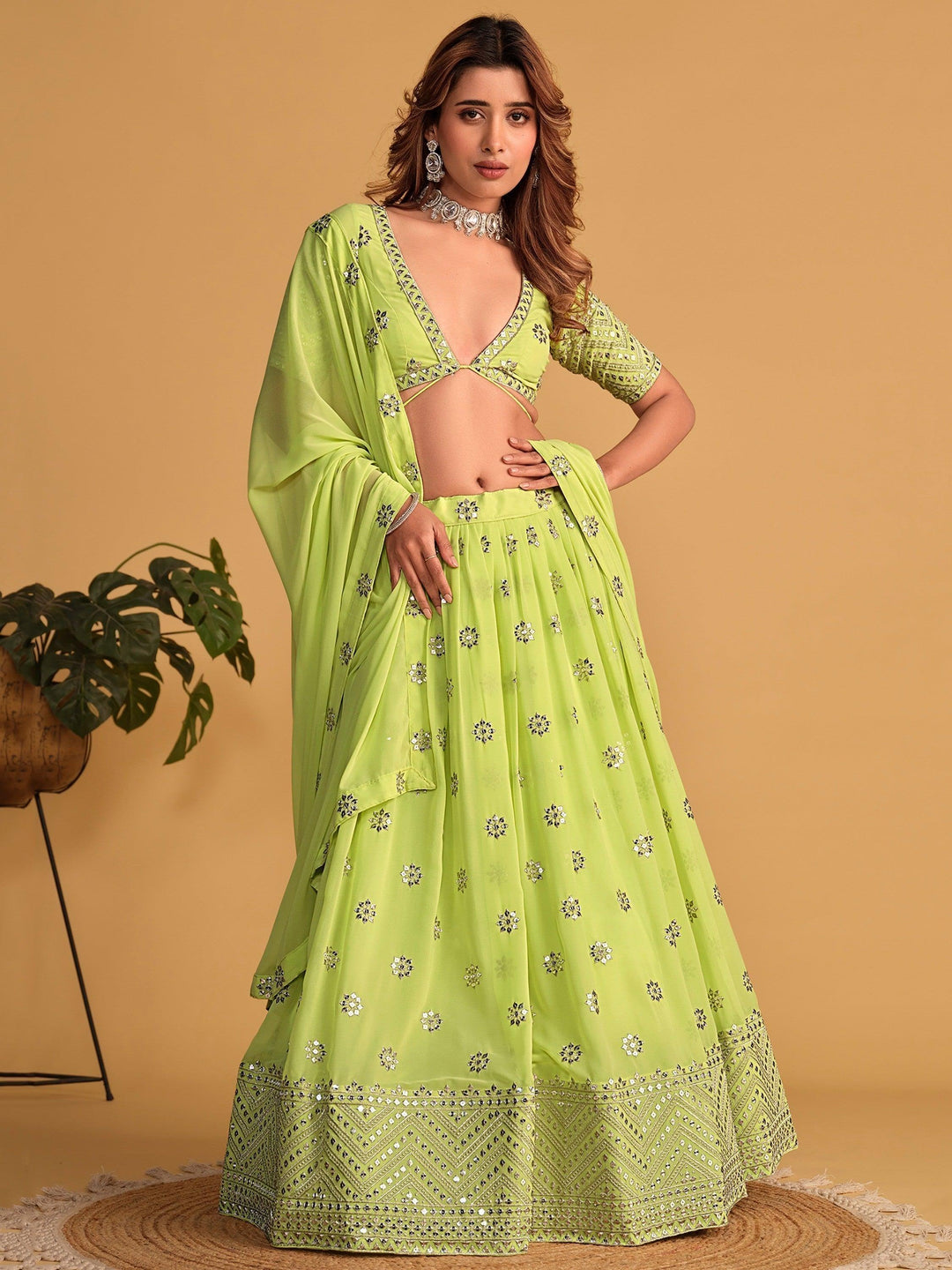 Ravishing Lime Green Lehenga | Georgette with Sequin & Lace Dupatta