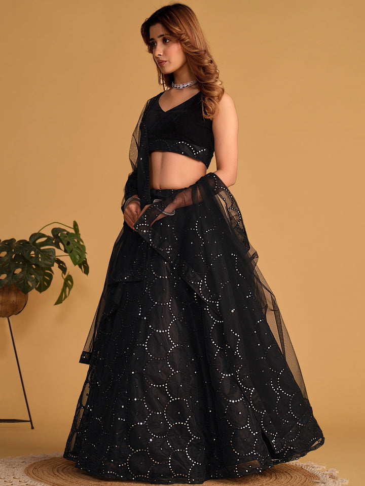 Exquisite Black Lehenga Choli | Organza with Thread & Mirrorwork