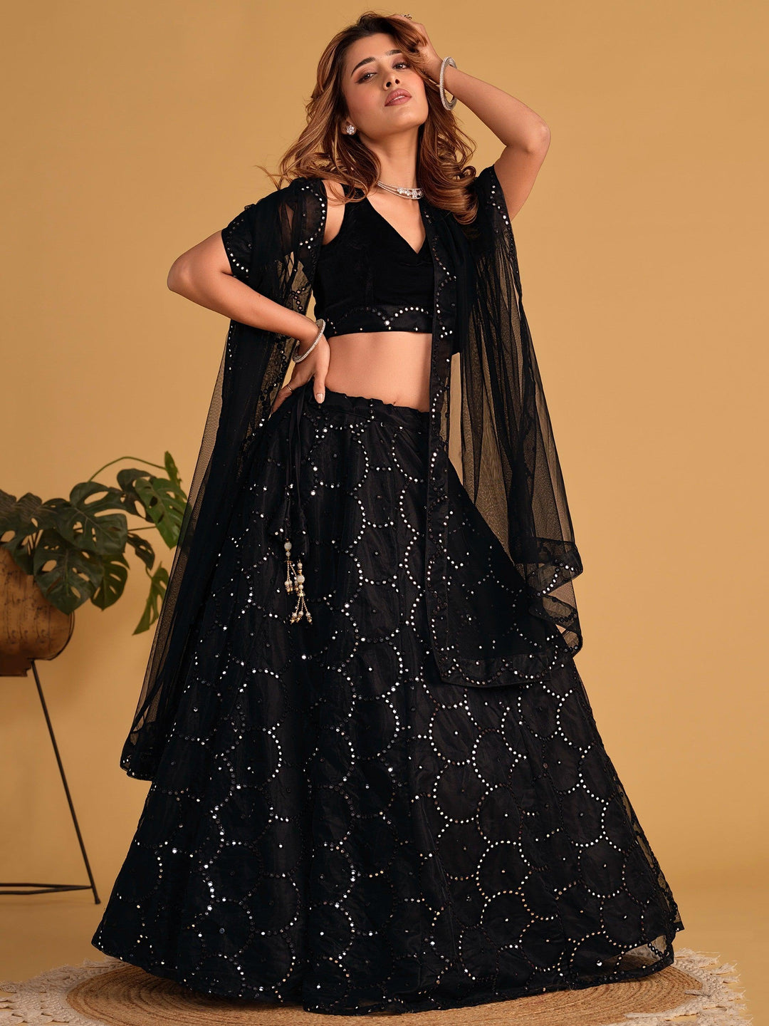 Exquisite Black Lehenga Choli | Organza with Thread & Mirrorwork