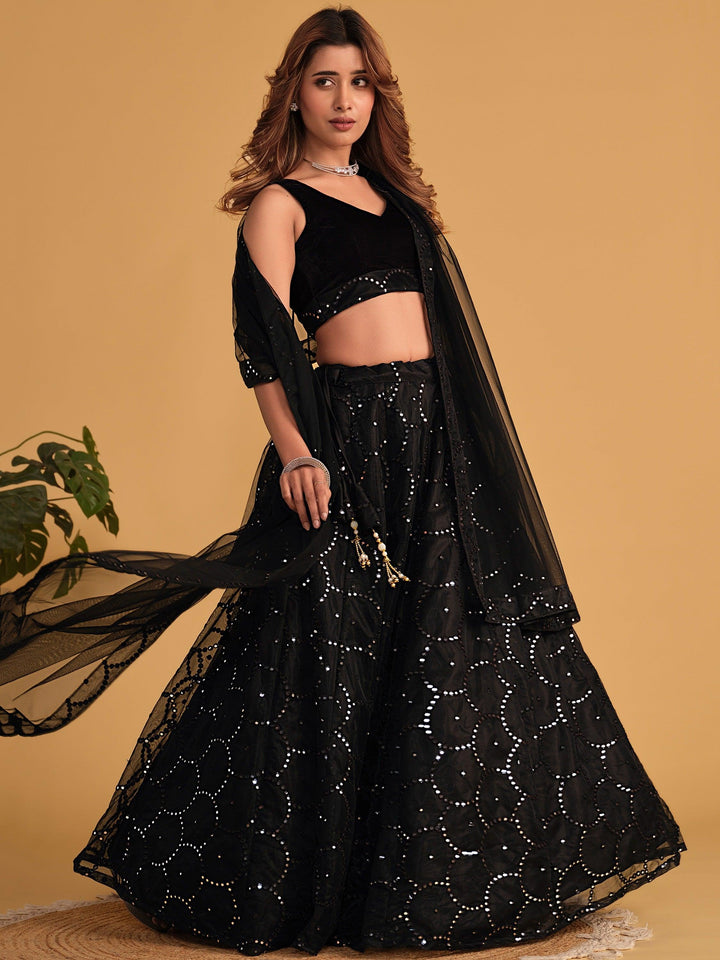 Exquisite Black Lehenga Choli | Organza with Thread & Mirrorwork