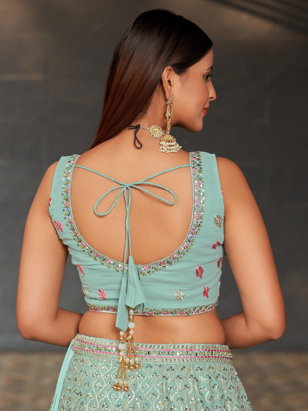 Customizable Sky-Blue Lehenga | Sequins Bridal Reception Choli Set