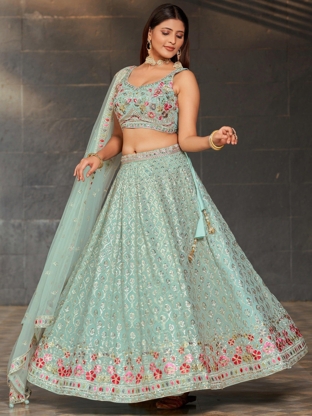 Customizable Sky-Blue Lehenga | Sequins Bridal Reception Choli Set