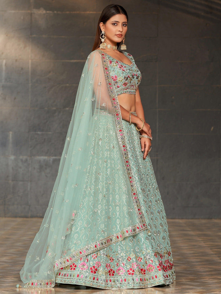 Customizable Sky-Blue Lehenga | Sequins Bridal Reception Choli Set