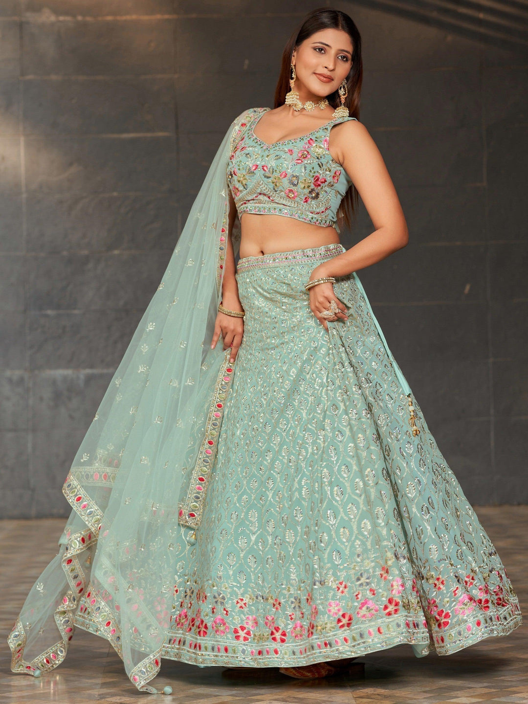 Customizable Sky-Blue Lehenga | Sequins Bridal Reception Choli Set