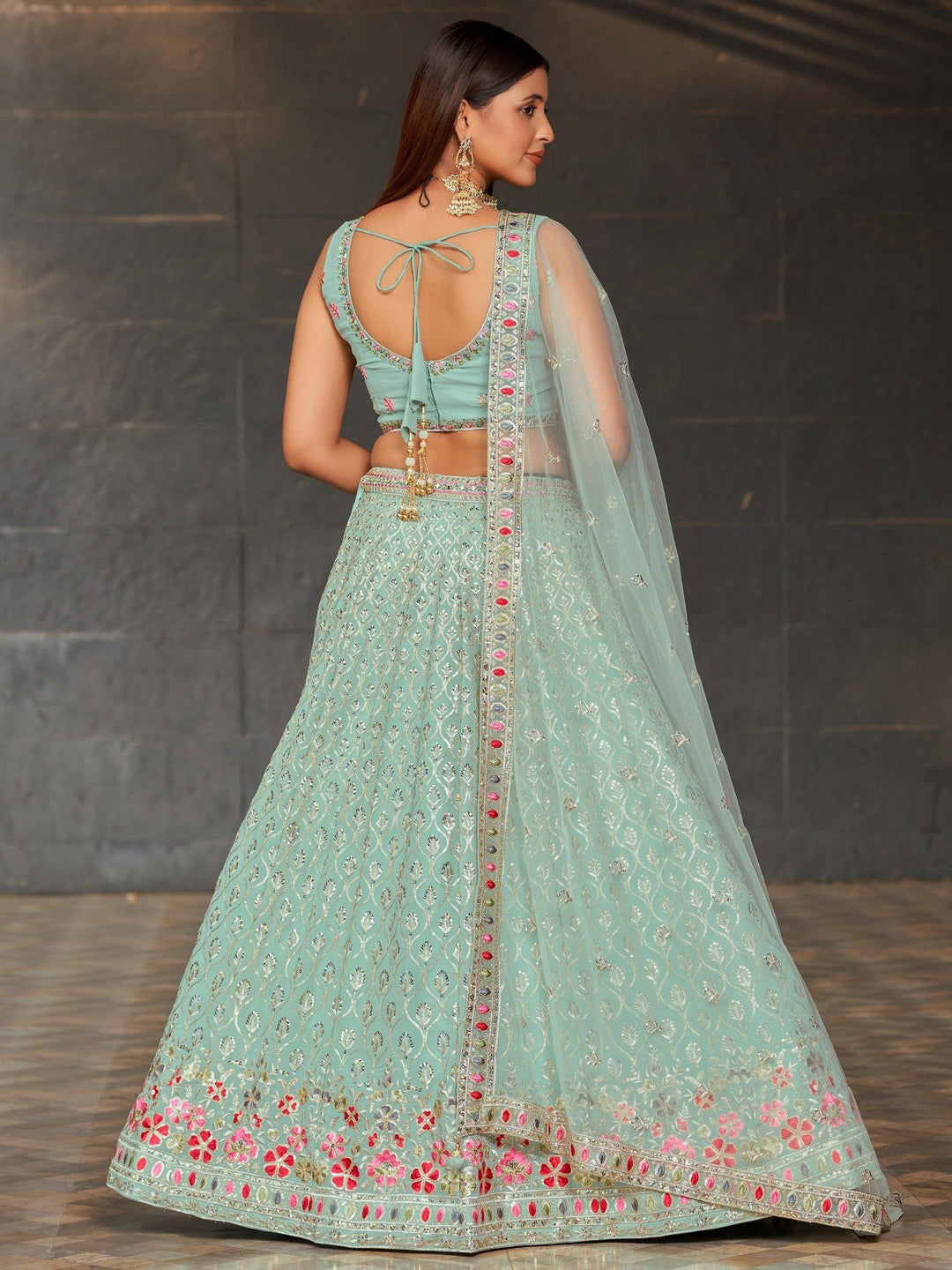 Customizable Sky-Blue Lehenga | Sequins Bridal Reception Choli Set