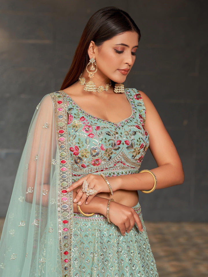 Customizable Sky-Blue Lehenga | Sequins Bridal Reception Choli Set