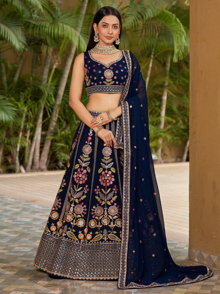 Lightweight Navy-Blue Bridal Lehenga | Party Wear with Lace Border Dupatta