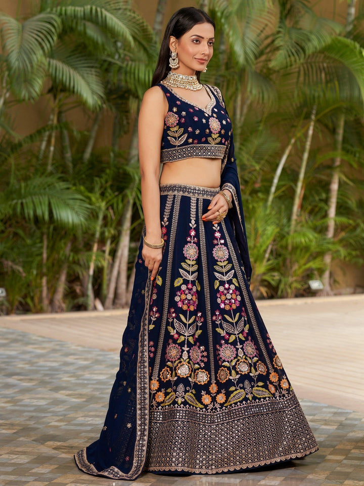 Lightweight Navy-Blue Bridal Lehenga | Party Wear with Lace Border Dupatta