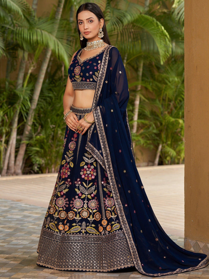 Lightweight Navy-Blue Bridal Lehenga | Party Wear with Lace Border Dupatta