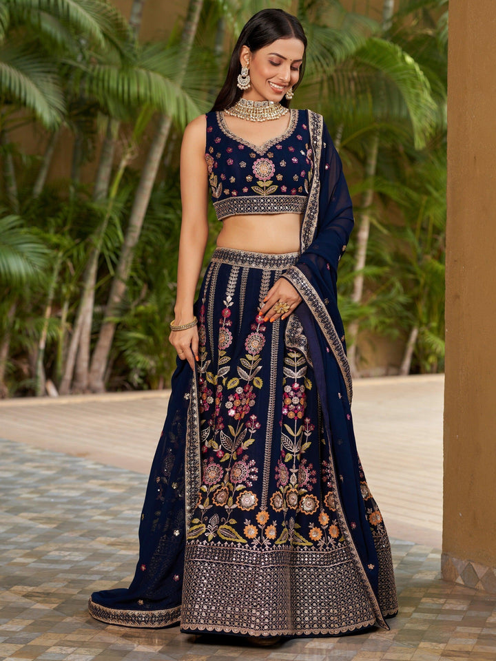 Lightweight Navy-Blue Bridal Lehenga | Party Wear with Lace Border Dupatta