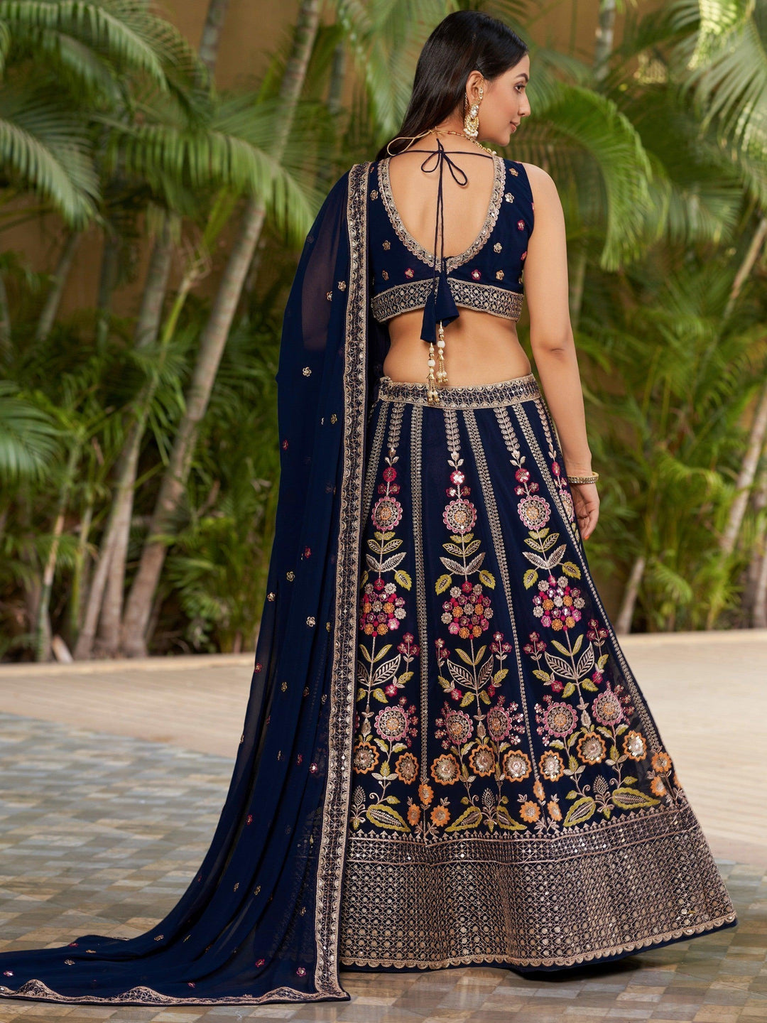 Lightweight Navy-Blue Bridal Lehenga | Party Wear with Lace Border Dupatta