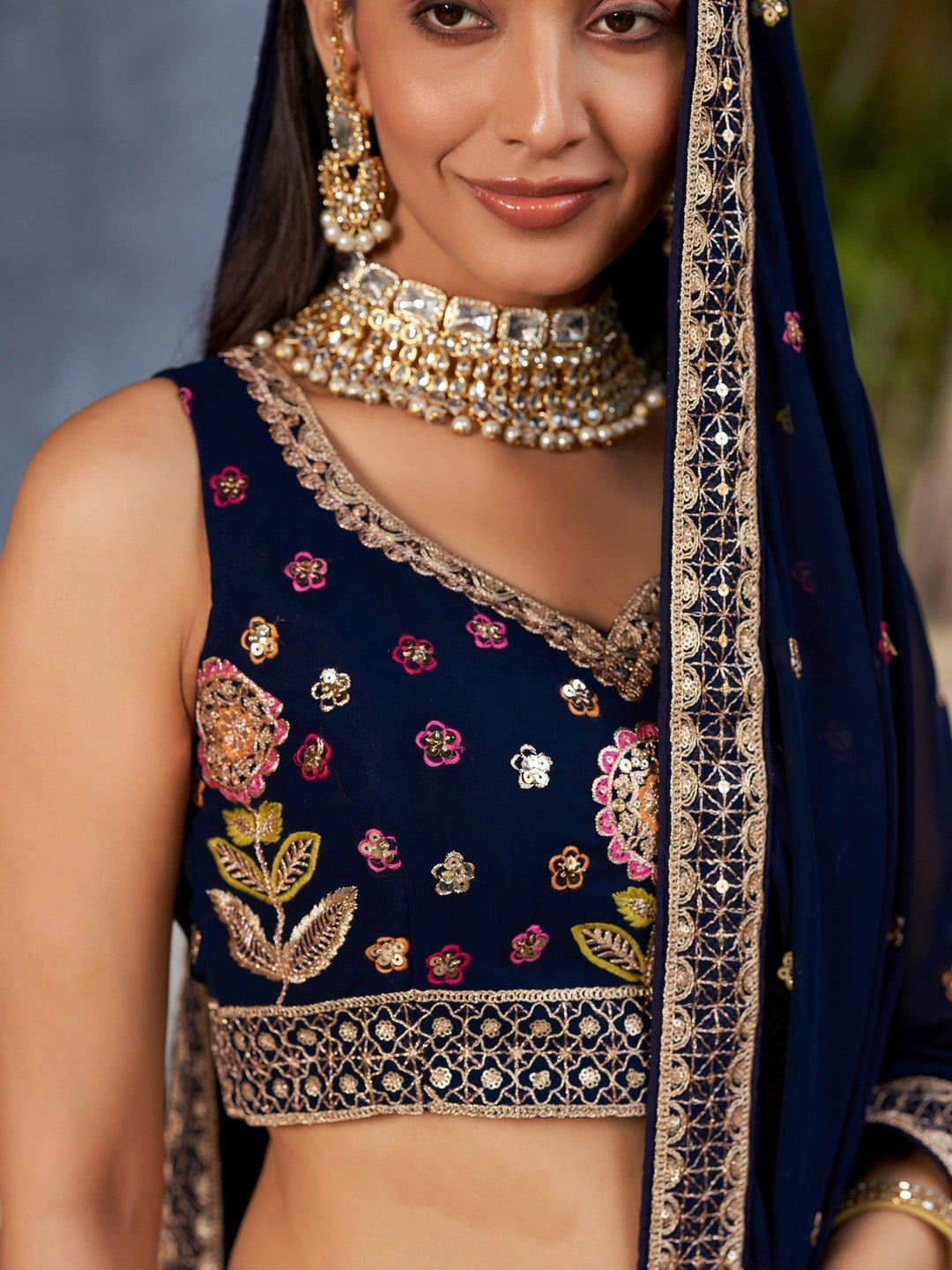 Lightweight Navy-Blue Bridal Lehenga | Party Wear with Lace Border Dupatta