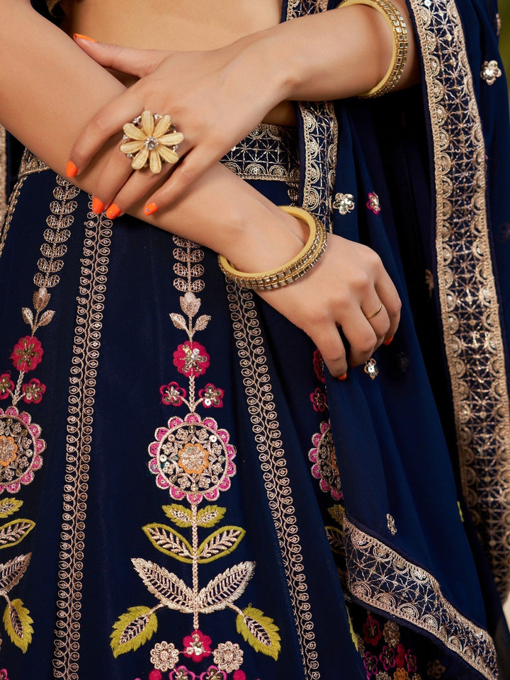 Lightweight Navy-Blue Bridal Lehenga | Party Wear with Lace Border Dupatta