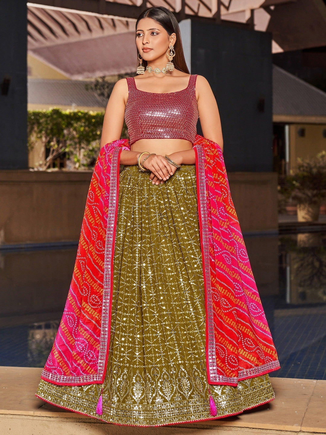 Olive Green Bridal Lehenga | Pink Dupatta Reception Wear Ensemble