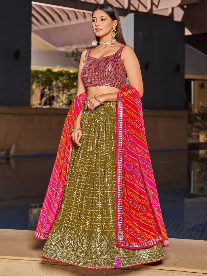 Olive Green Bridal Lehenga | Pink Dupatta Reception Wear Ensemble