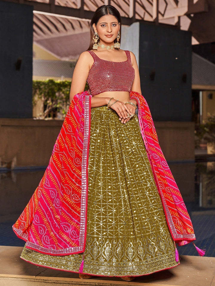 Olive Green Bridal Lehenga | Pink Dupatta Reception Wear Ensemble